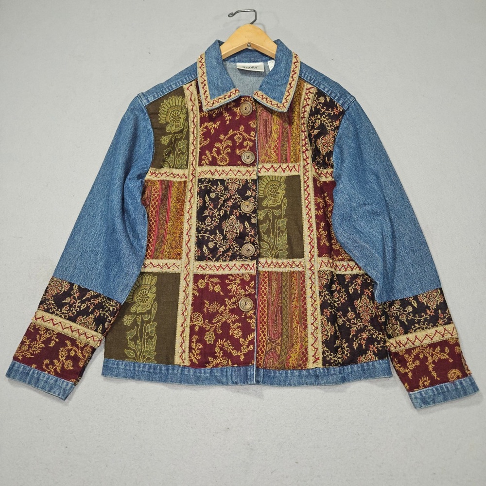 VTG Units Petite Patchwork Tapestry Denim Jacket Floral Boho Blue Sz PS